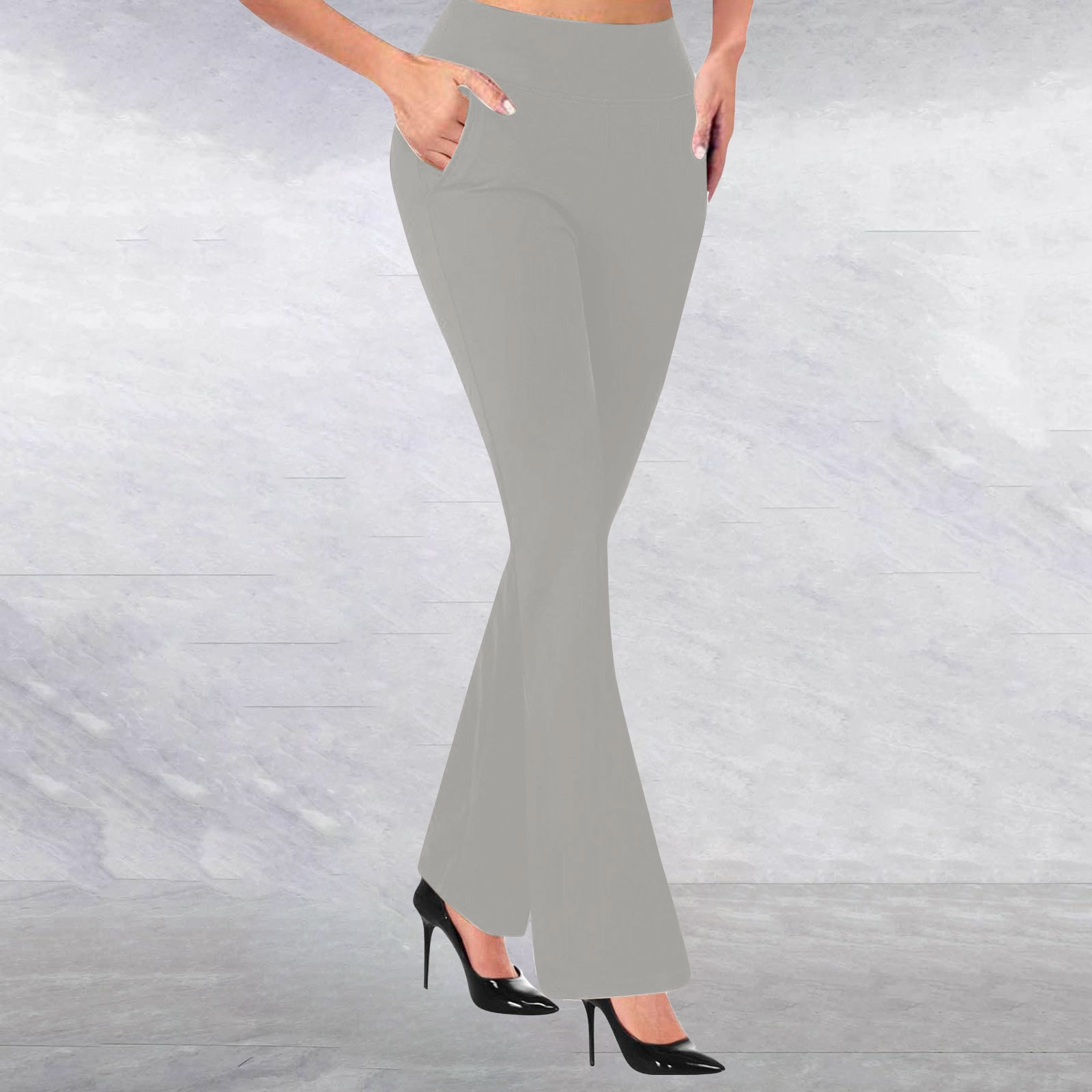 thumbnail image 2 of Pantalones acampanados de cintura alta para mujer - Color liso y corte ajustado - Pantalones deportivos informales - Combinables con todo, 2 of 5